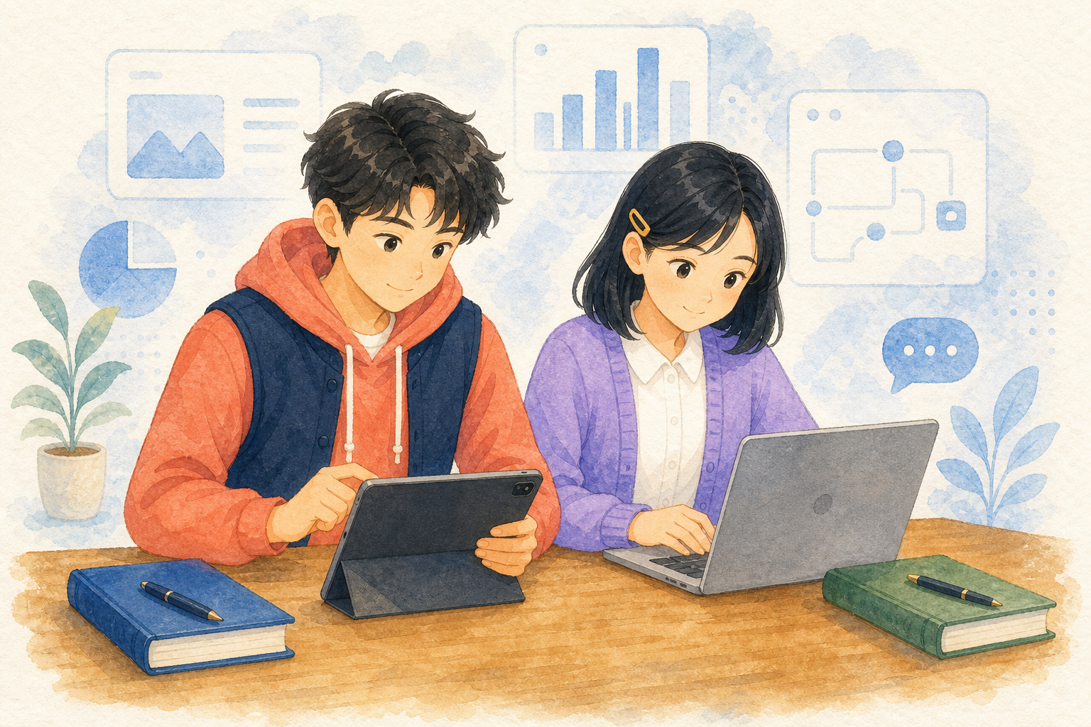 两位不戴眼镜的学生使用平板电脑和笔记本电脑自主学习