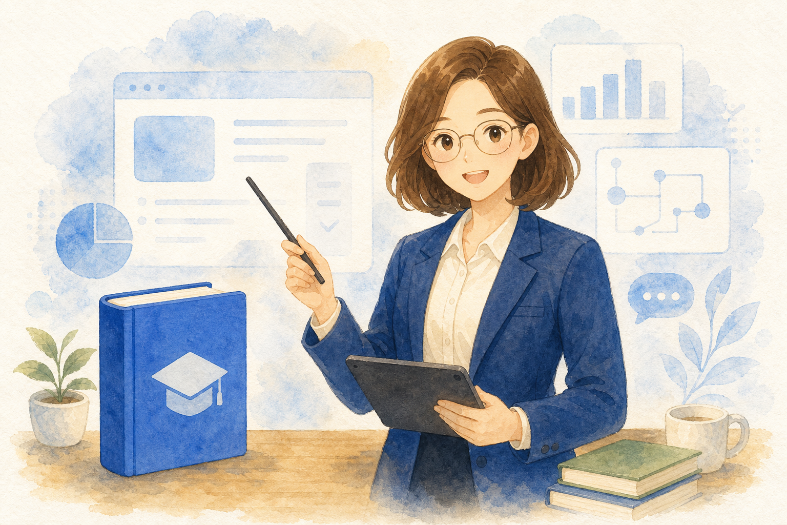 戴眼镜的女教师手持平板和指示笔准备智能课程